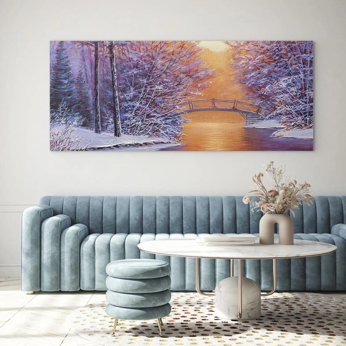 Impression sur verre - Image sur verre - Paysage d'hiver avec un pont et un coucher de soleil - 120x50cm - On se rencontre ici - Décoration murale moderne pour le salon et la chambre ARTTOR