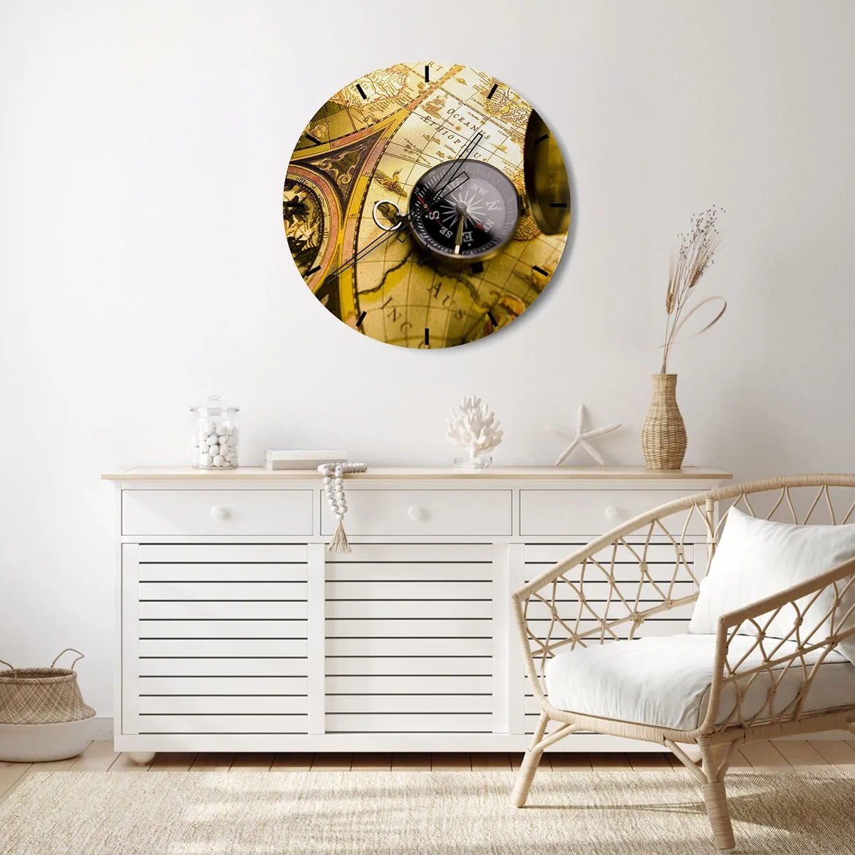 Horloge murale - Pendule murale - Une boussole sur un vieux fond de carte - 30x30cm - Ou peut-être jusqu'au bout du monde ? - Décoration murale moderne pour le salon, la cuisine et la chambre ARTTOR