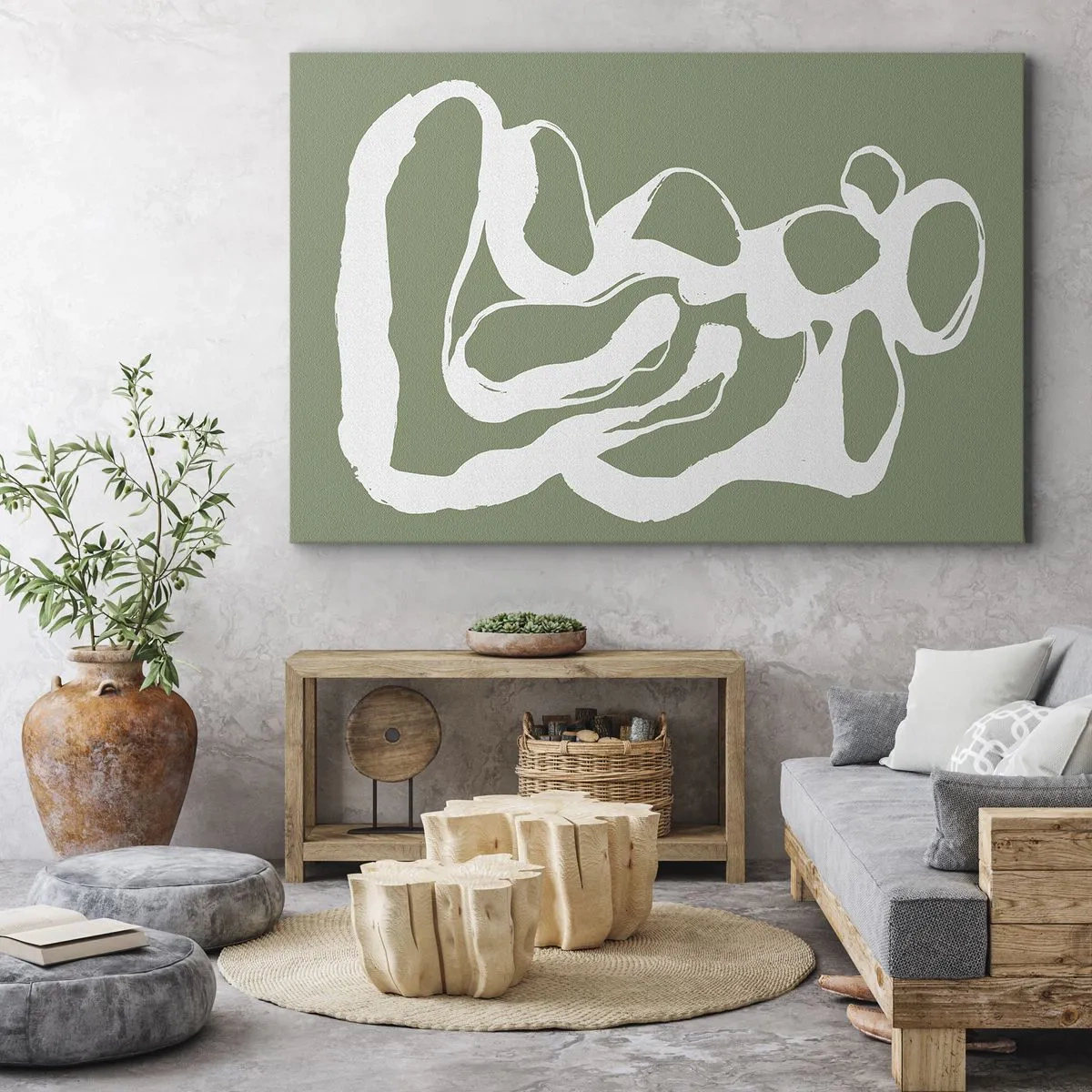 Impression sur toile - Image sur toile - Formes organiques en blanc sur fond vert - 70x50cm - L'appel de l'espace - Décoration murale moderne pour le salon et la chambre ARTTOR