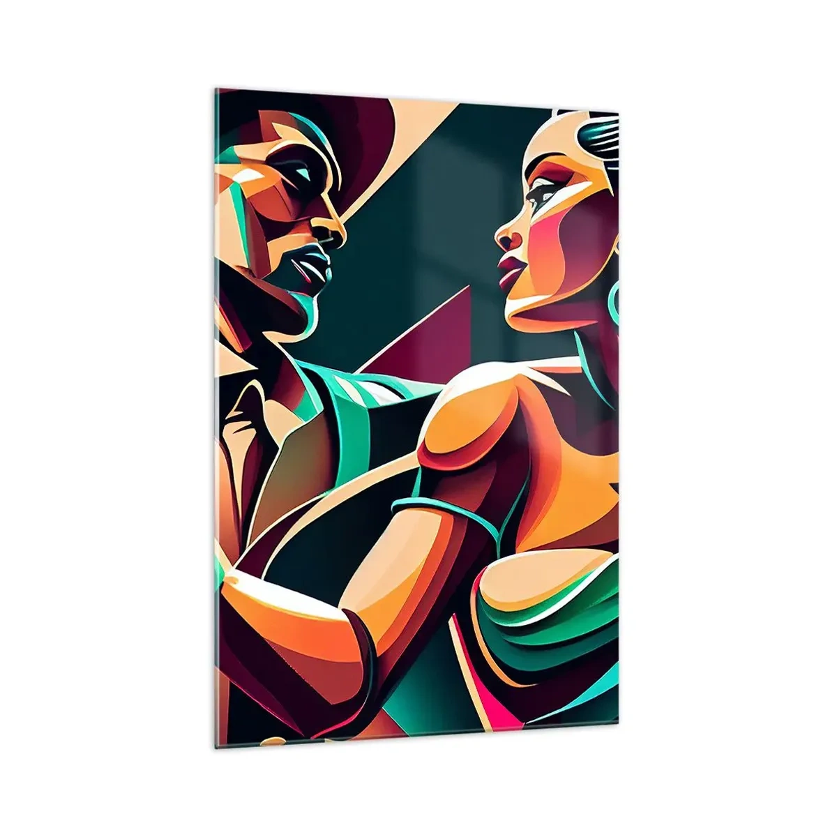 Impression sur verre - Image sur verre - Un couple stylisé dansant dans des couleurs vibrantes et géométriques. - 70x100cm - Au rythme du coeur - Décoration murale moderne pour le salon et la chambre ARTTOR