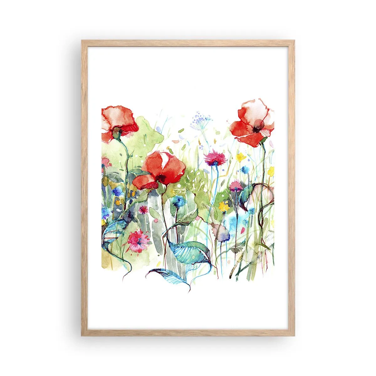 Affiche dans un chêne clair - Poster - Prairie de fleurs en mai - 50x70 cm