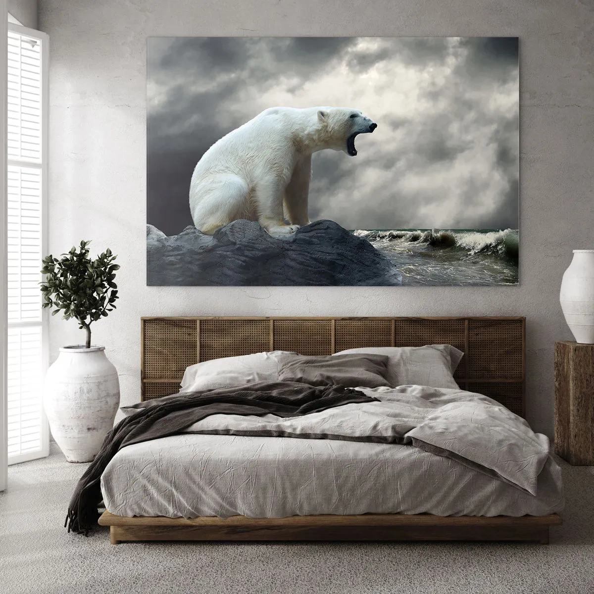 Impression sur verre - Image sur verre - Un ours polaire contre un ciel orageux - 70x50cm - Roi solitaire de l'Arctique - Décoration murale moderne pour le salon et la chambre ARTTOR
