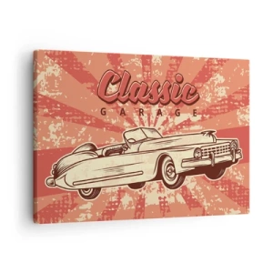 Impression sur toile - Image sur toile - Affiche rétro avec une voiture classique et les mots Classic Garage - 70x50cm - Et à la radio, Elvis - Décoration murale moderne pour le salon et la chambre ARTTOR