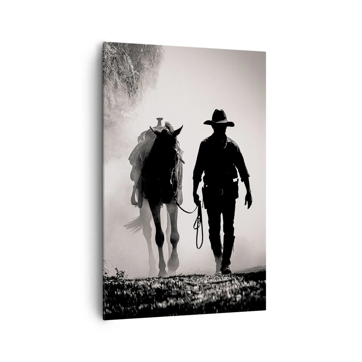 Impression sur toile - Image sur toile - Cowboy avec cheval dans le brouillard matinal - 80x120cm - Matinée texane - Décoration murale moderne pour le salon et la chambre ARTTOR