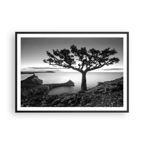 Affiche dans un cadre noir - Poster - Paysage noir et blanc avec un arbre solitaire sur une falaise au-dessus de la mer - 100x70cm - Paix jusqu'à l'horizon - Décoration murale moderne pour le salon et la chambre ARTTOR