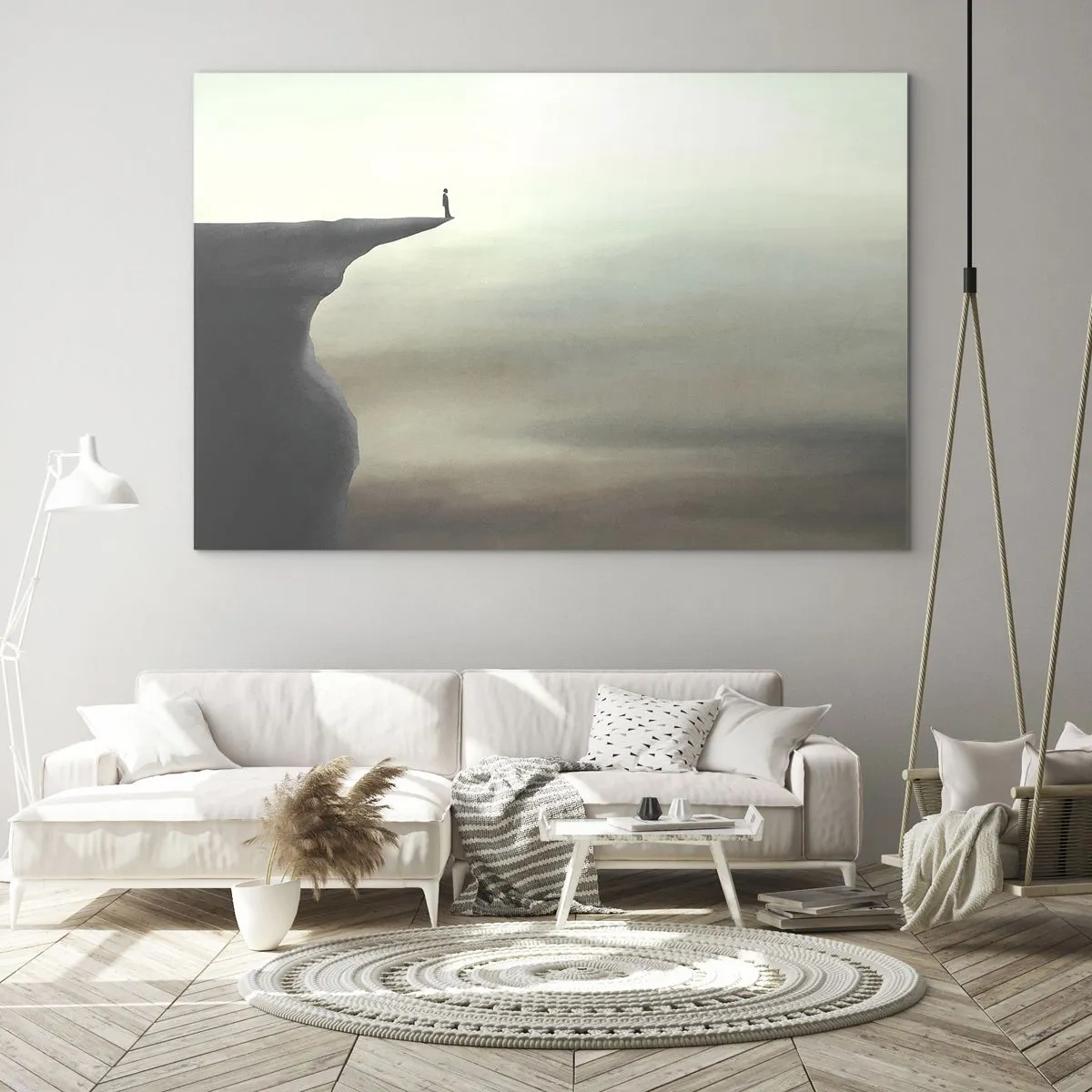 Impression sur verre - Image sur verre - Silhouette d'une personne debout au bord d'une falaise au-dessus du brouillard - 120x80cm - Tout en haut, bien entendu! - Décoration murale moderne pour le salon et la chambre ARTTOR