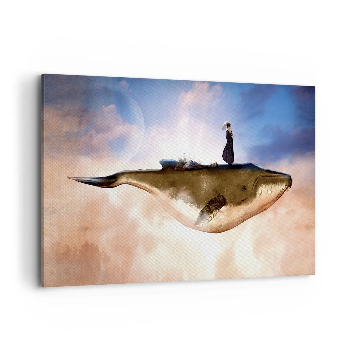 Impression sur toile - Image sur toile - Une scène fantastique d'une femme sur une baleine parmi les nuages - 120x80cm - Voyage irréel - Décoration murale moderne pour le salon et la chambre ARTTOR