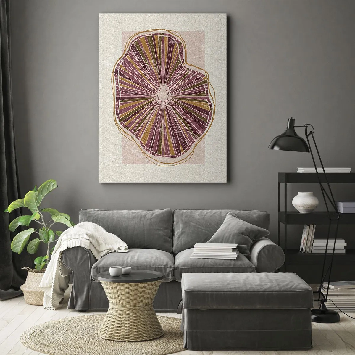 Impression sur toile - Image sur toile - Motif abstrait de tranches d'arbre dans des tons roses - 70x100cm - Abstraction rayonnante - Décoration murale moderne pour le salon et la chambre ARTTOR