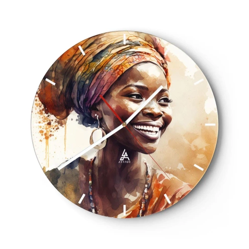 Horloge murale - Pendule murale - Une femme souriante portant un turban sur fond de taches d'aquarelle. - 30x30cm - reine africaine - Décoration murale moderne pour le salon, la cuisine et la chambre ARTTOR