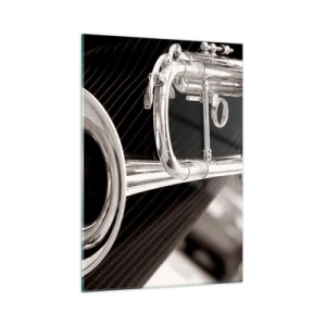 Impression sur verre - Image sur verre - Trompette argentée sur fond rayé sépia - 50x70cm - Voyage musical vers les années 30 - Décoration murale moderne pour le salon et la chambre ARTTOR