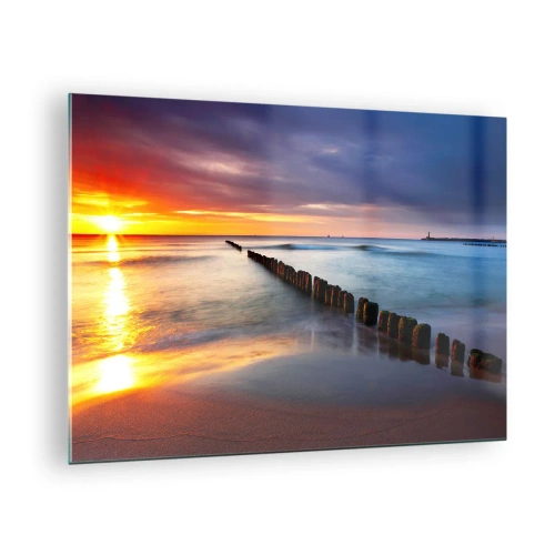 Impression sur verre - Image sur verre - Coucher de soleil sur la mer avec des brise-lames en bois - 70x50cm - Ecoute le silence - Décoration murale moderne pour le salon et la chambre ARTTOR