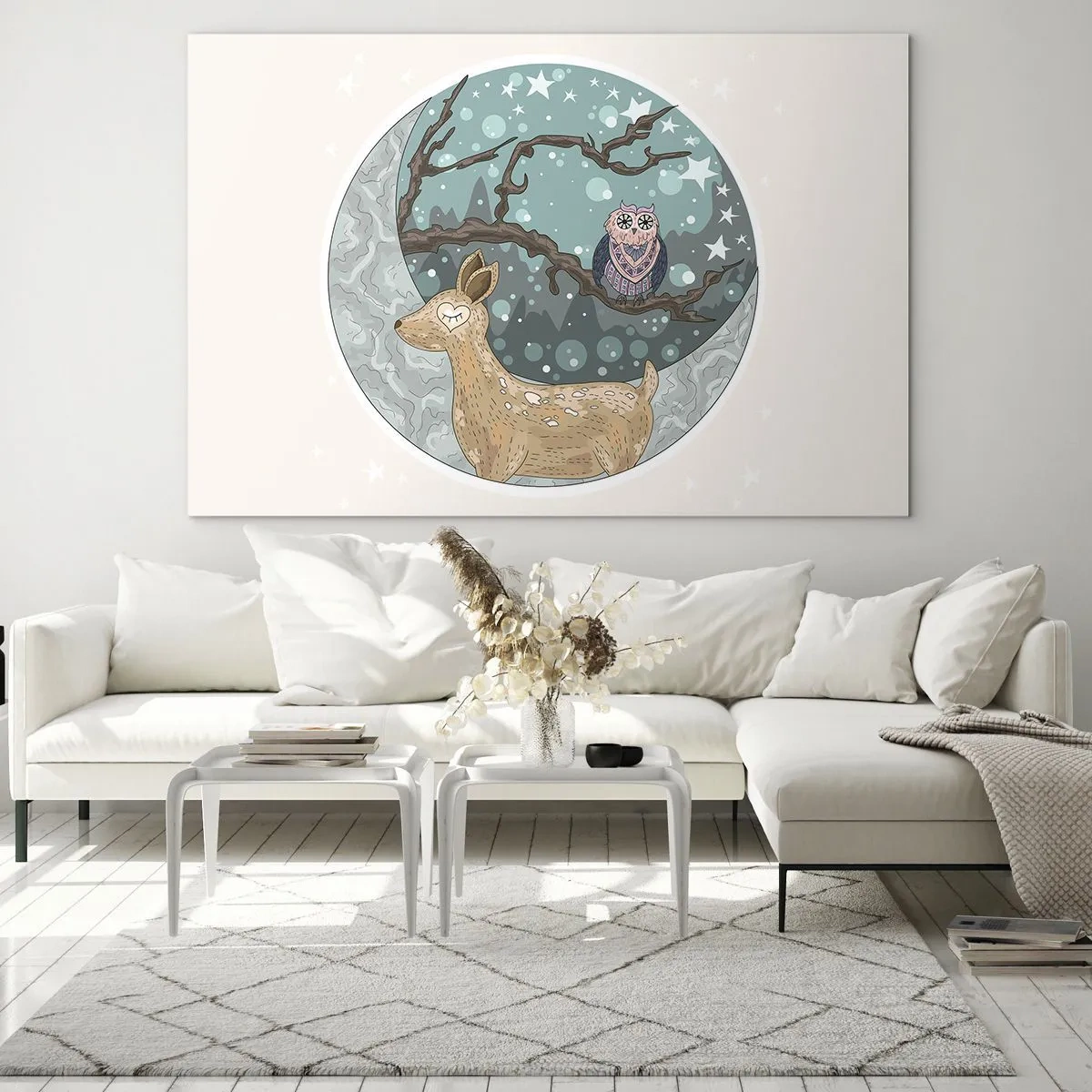 Impression sur verre - Image sur verre - Illustration d'un cerf et d'un hibou dans un décor magique - 120x80cm - Une nuit de conte de fées en forêt  - Décoration murale moderne pour le salon et la chambre ARTTOR