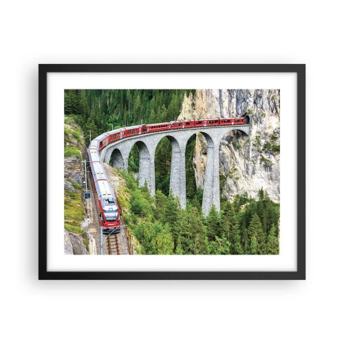 Affiche dans un cadre noir - Poster - Chemin de fer avec vue sur la montagne - 50x40 cm