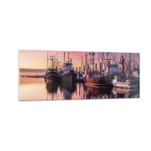 Impression sur verre - Image sur verre - Bateaux de pêche dans le port au coucher du soleil - 140x50cm - Avant le jour suivant - Décoration murale moderne pour le salon et la chambre ARTTOR