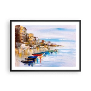 Affiche dans un cadre noir - Poster - Bateaux colorés sur le rivage surplombant les toits de la ville - 70x50cm - Un havre urbain multicolore - Décoration murale moderne pour le salon et la chambre ARTTOR