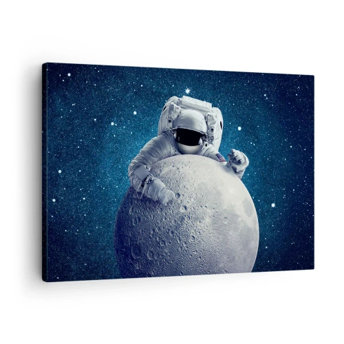 Impression sur toile - Image sur toile - Astronaute tenant la lune dans un ciel étoilé - 70x50cm - Comique de l'espace - Décoration murale moderne pour le salon et la chambre ARTTOR