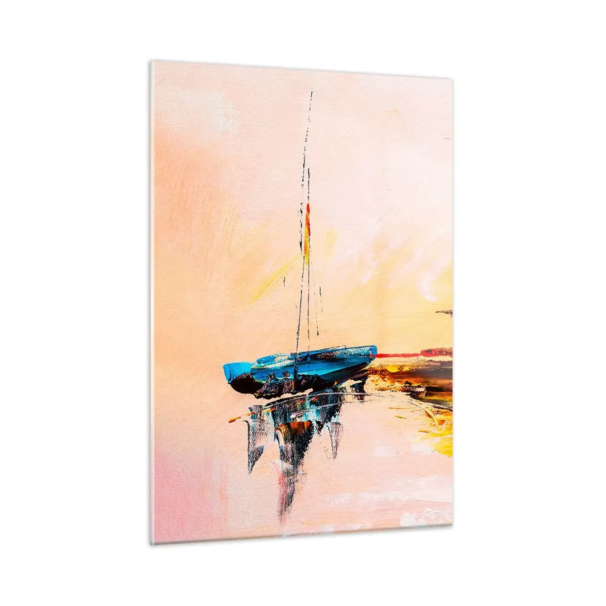 Impression sur verre - Image sur verre - Bateaux colorés amarrés sur fond de coucher de soleil impressionniste - 50x70cm - Soirée à la marina - Décoration murale moderne pour le salon et la chambre ARTTOR
