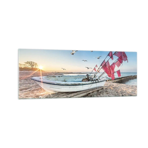 Impression sur verre - Image sur verre - Un bateau sur la plage à l'aube avec des mouettes et des drapeaux rouges - 140x50cm - Repos mérité - Décoration murale moderne pour le salon et la chambre ARTTOR