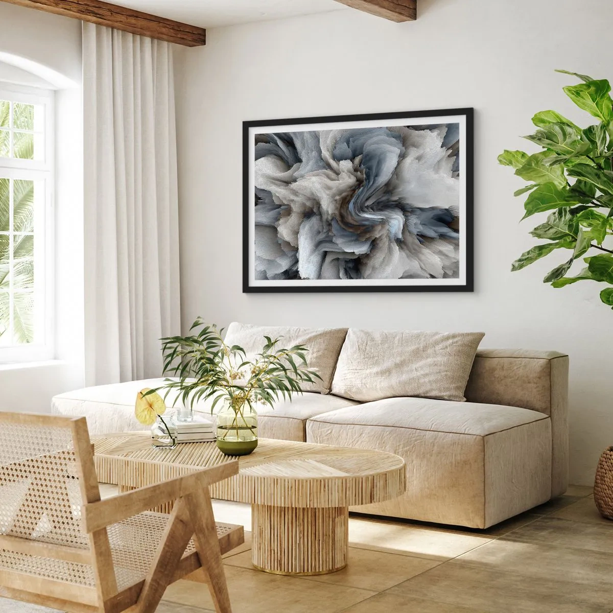 Affiche dans un cadre noir - Poster - Tourbillon abstrait dans les tons de gris et de bleu - 70x50cm - Pierre et fleur - Décoration murale moderne pour le salon et la chambre ARTTOR