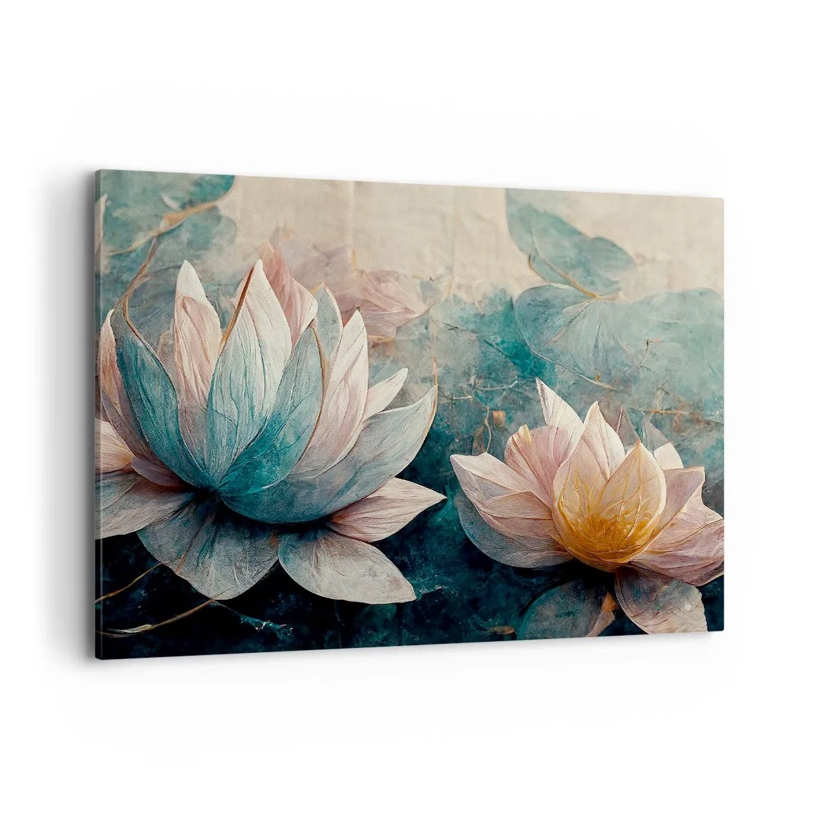 Impression sur toile - Image sur toile - De subtils nénuphars aux tons pastel de bleu et d'or - 120x80cm - Les étoiles du lac - Décoration murale moderne pour le salon et la chambre ARTTOR