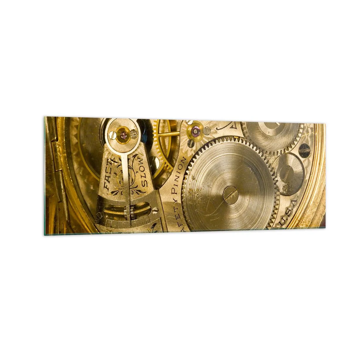 Impression sur verre - Image sur verre - Mécanisme de montre avec engrenages et détails visibles - 140x50cm - Marcher avec son temps - Décoration murale moderne pour le salon et la chambre ARTTOR