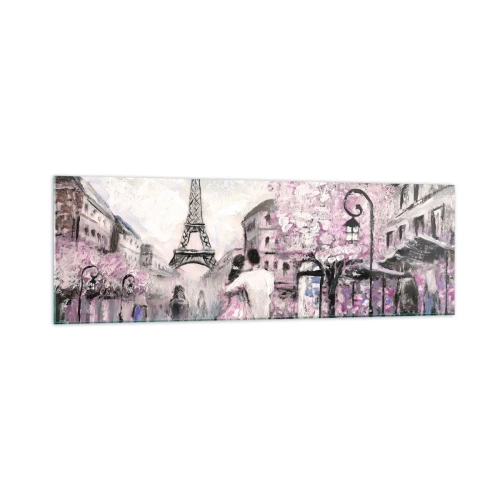 Impression sur verre - Image sur verre - Une promenade romantique à Paris près de la Tour Eiffel - 160x50cm - Comment tomber amoureu, il faut juste... - Décoration murale moderne pour le salon et la chambre ARTTOR