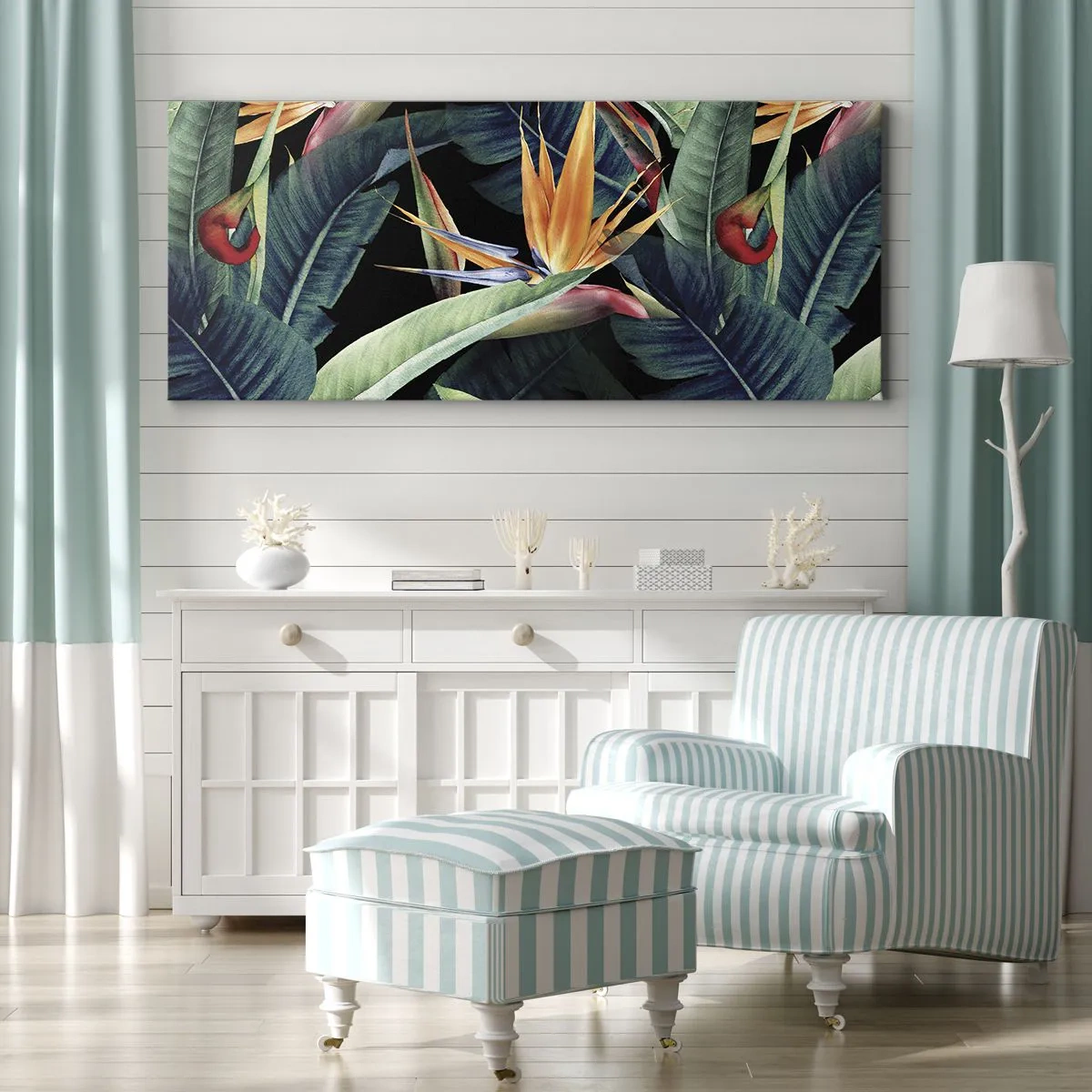 Impression sur toile - Image sur toile - Fleurs et feuilles tropicales sur fond noir - 140x50cm - Fleurs flamboyantes des tropiques - Décoration murale moderne pour le salon et la chambre ARTTOR