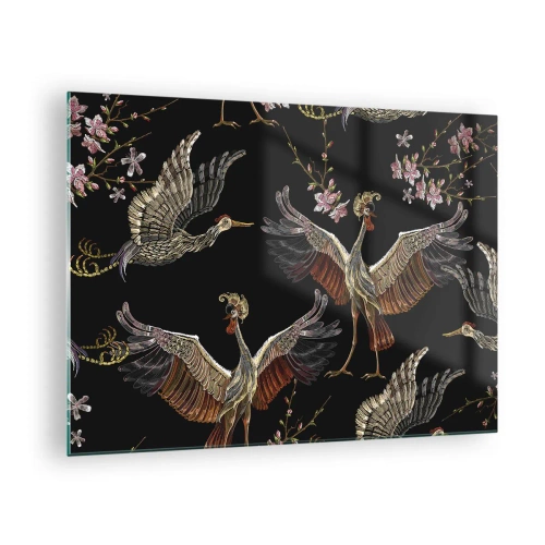 Impression sur verre - Image sur verre - Oiseaux en vol avec des fleurs sur fond noir, style rétro - 70x50cm - Un oiseau de conte de fées - Décoration murale moderne pour le salon et la chambre ARTTOR