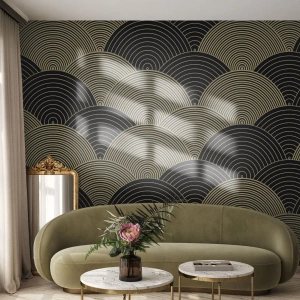 Papier Peint Photo Standard Eco - Demi-cercles dorés formant un motif japonais sur fond noir - 100x70cm - Unité dans la multiplicité - Décoration murale moderne pour le salon et la chambre ARTTOR