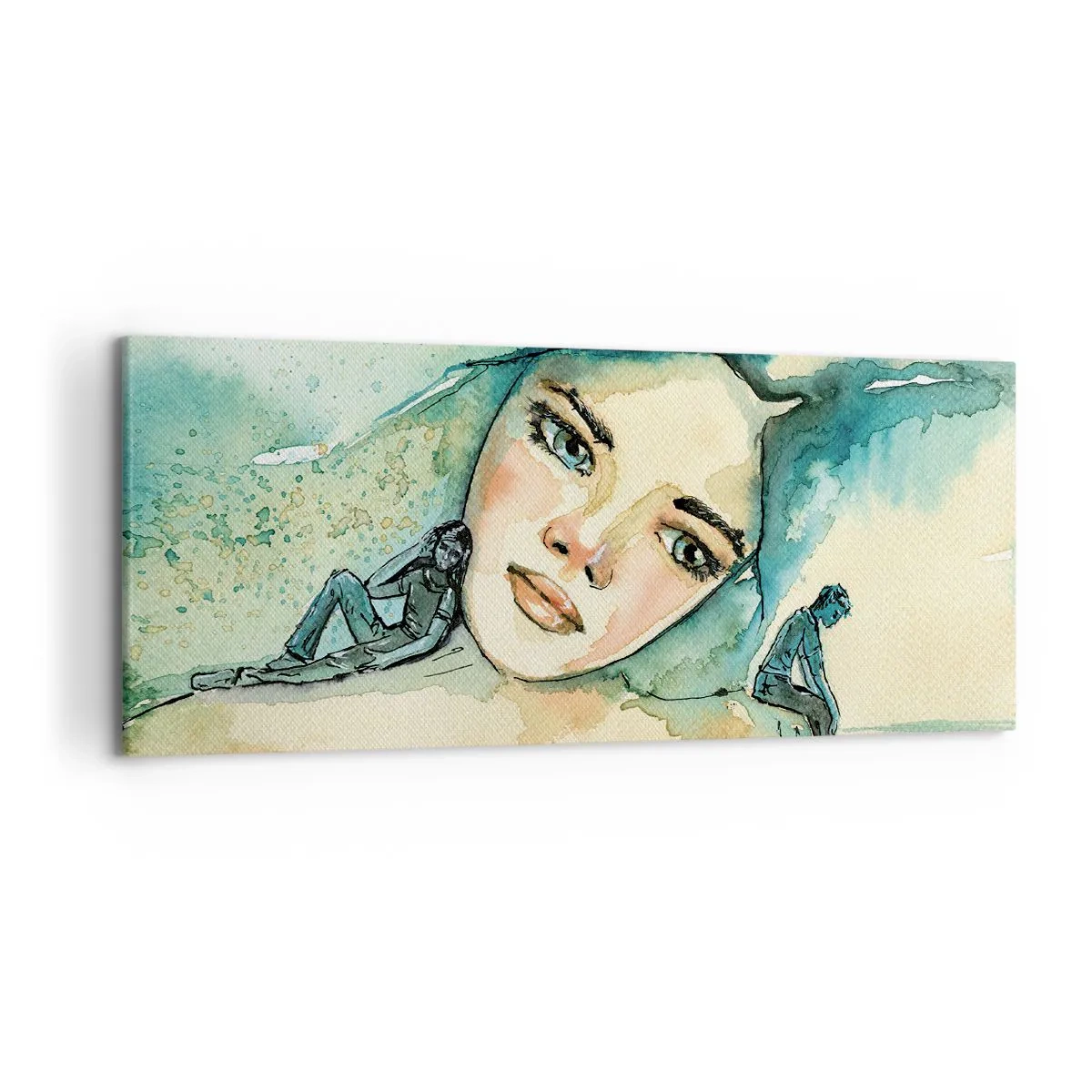 Impression sur toile - Image sur toile - Aquarelle d'un visage de femme avec un motif réfléchissant - 120x50cm - Suis-je bleu? - Décoration murale moderne pour le salon et la chambre ARTTOR