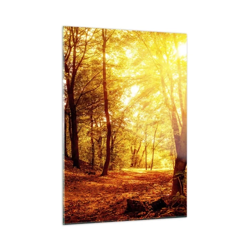 Impression sur verre - Image sur verre - Forêt d'automne illuminée par la chaude lueur du soleil - 50x70cm - Vers la clairière dorée - Décoration murale moderne pour le salon et la chambre ARTTOR