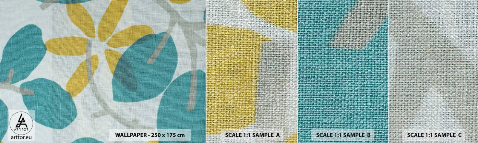 Échantillon de Papier Peint Premium Canvas - Wśród lazurowych liści - Bohème, Fleurs, Minimalisme - 100x30 cm