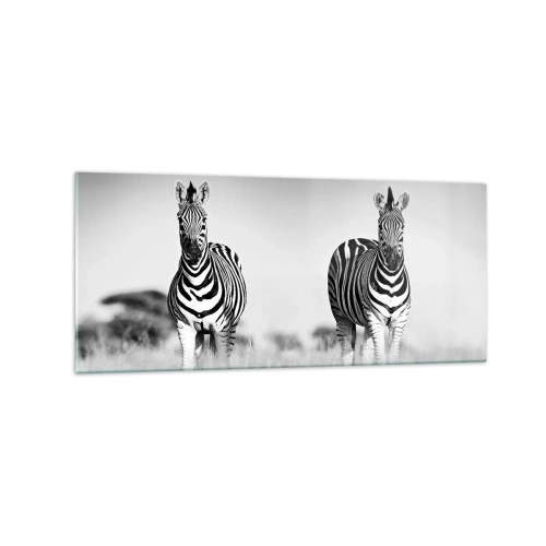 Impression sur verre - Image sur verre - Deux zèbres dans la savane dans un style monochrome - 120x50cm - Le monde est bel et bien noir et blanc - Décoration murale moderne pour le salon et la chambre ARTTOR