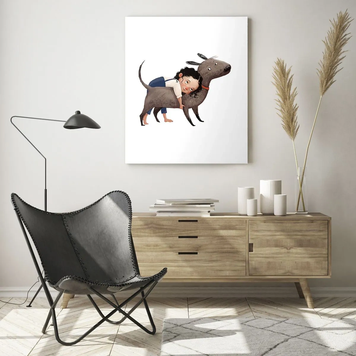 Impression sur verre - Image sur verre - Illustration de style dessin animé d'un enfant serrant un chien dans ses bras - 70x100cm - Les meilleurs amis - Décoration murale moderne pour le salon et la chambre ARTTOR