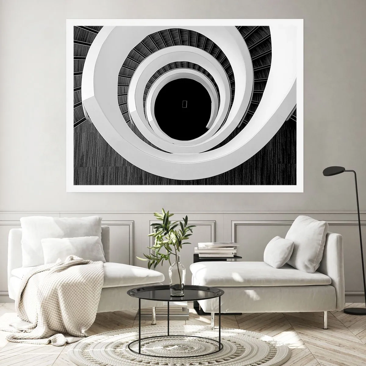 Affiche - Poster - Escalier en colimaçon noir et blanc de style moderne - 100x70cm - Les choses concrêtes - Décoration murale moderne pour le salon et la chambre ARTTOR