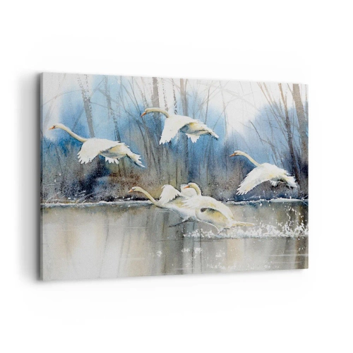 Impression sur toile - Image sur toile - Cygnes en vol au-dessus d'un lac gelé dans un paysage hivernal - 100x70cm - Comme dans un conte de fées sur les cygnes sauvages - Décoration murale moderne pour le salon et la chambre ARTTOR