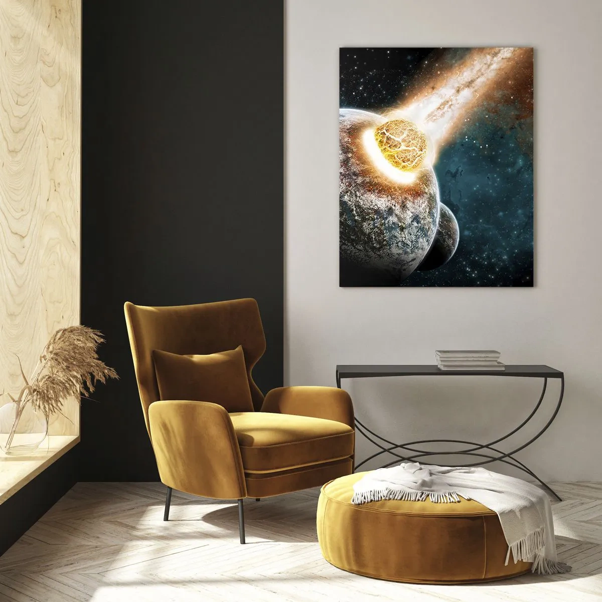 Impression sur verre - Image sur verre - Collision cosmique d'une planète avec un astéroïde à proximité de la galaxie. - 70x100cm - Destruction ou naissance? - Décoration murale moderne pour le salon et la chambre ARTTOR