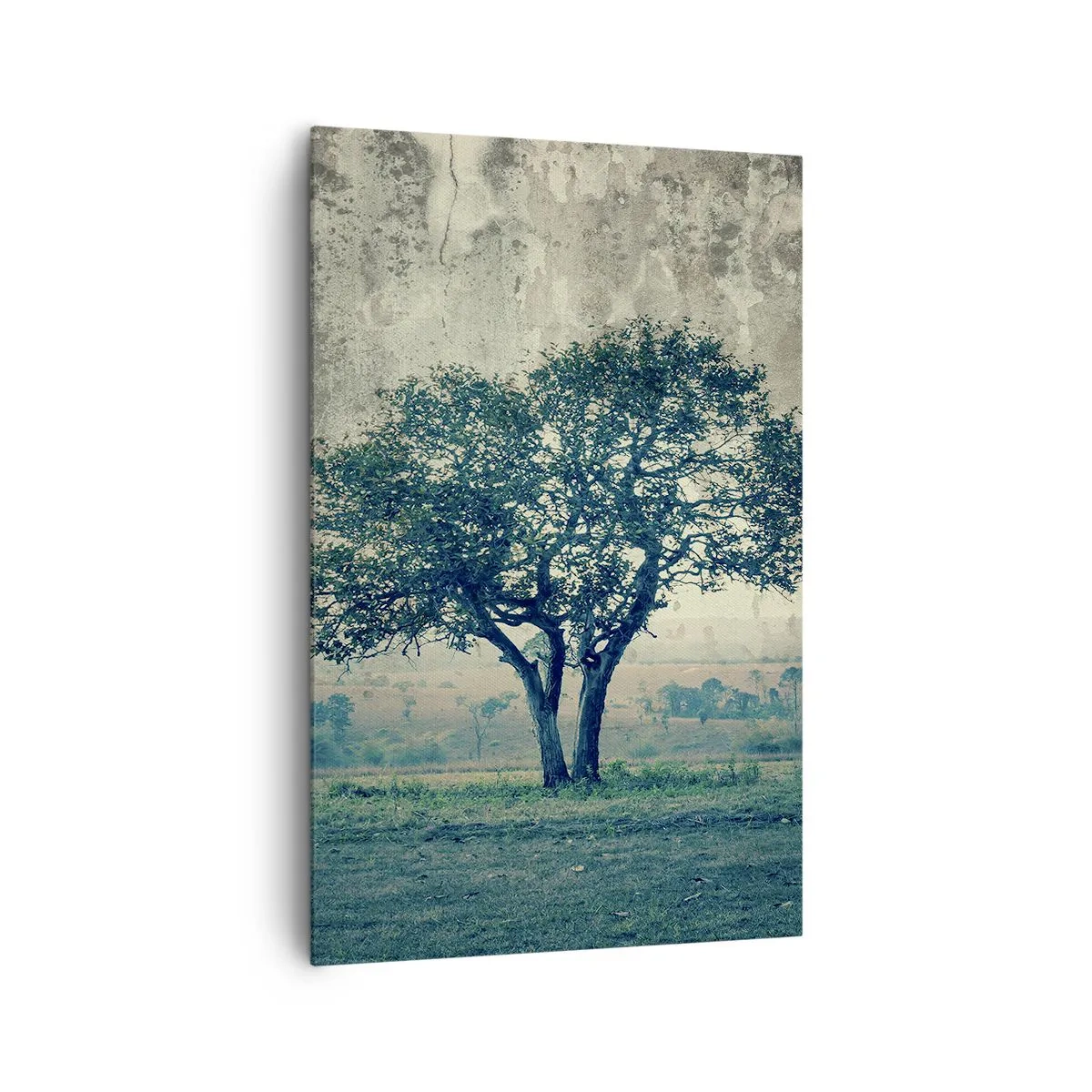 Impression sur toile - Image sur toile - Un arbre solitaire dans un paysage brumeux - 80x120cm - Un pommier sur un champ bleu ? - Décoration murale moderne pour le salon et la chambre ARTTOR