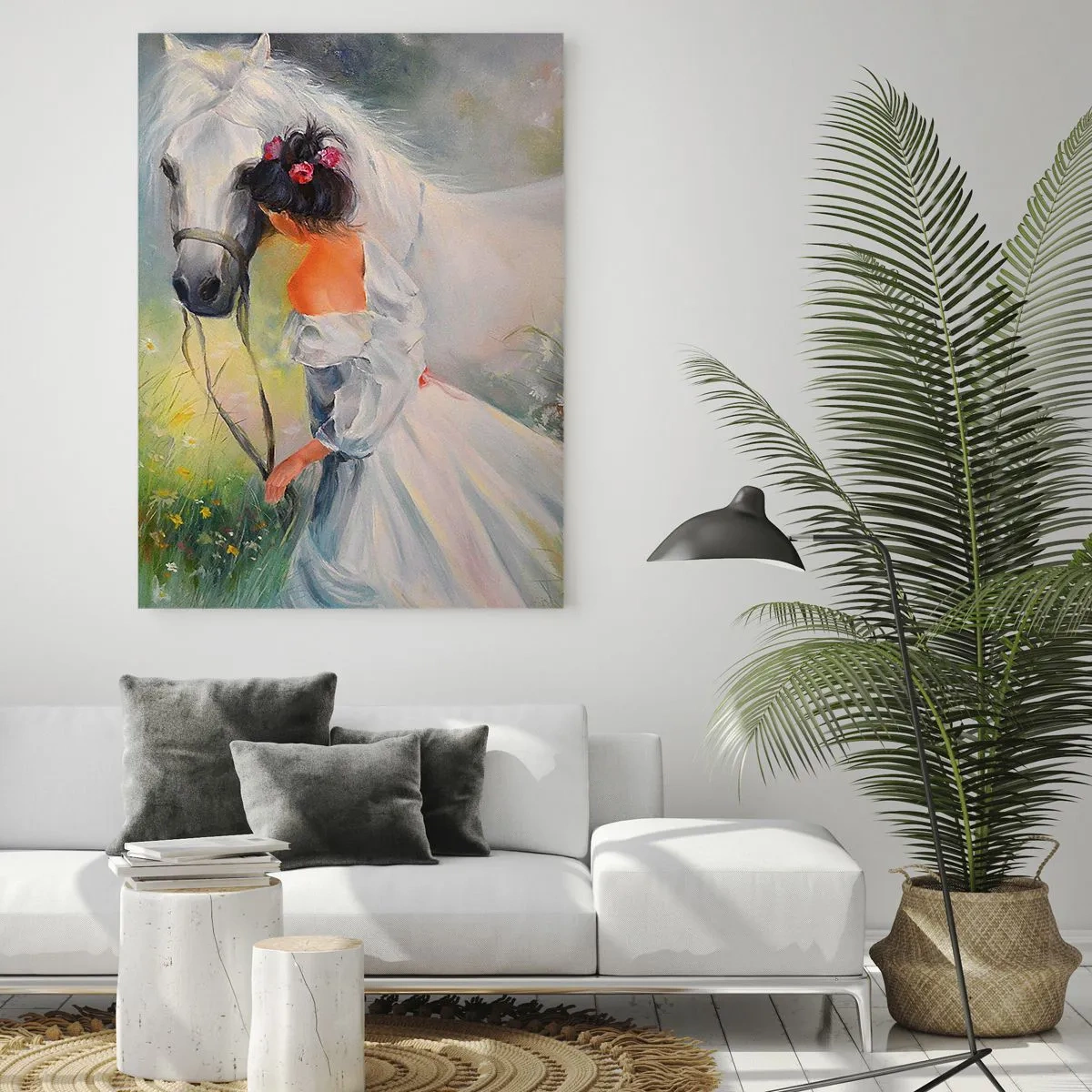 Impression sur verre - Image sur verre - Une femme en robe blanche avec un cheval blanc dans un pré plein de fleurs. - 50x70cm - Comme dans un beau rêve - Décoration murale moderne pour le salon et la chambre ARTTOR