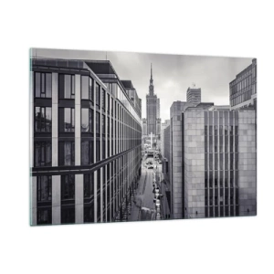 Impression sur verre - Image sur verre - Vue de la ville en noir et blanc avec des gratte-ciel et une rue - 120x80cm - Vallée de Varsovie - Décoration murale moderne pour le salon et la chambre ARTTOR