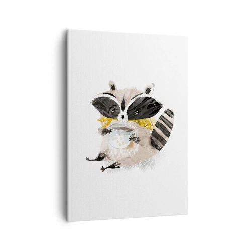 Impression sur toile - Image sur toile - Adorable raton laveur tenant une tasse de couleur pastel - 50x70cm - Mon ami le raton laveur - Décoration murale moderne pour le salon et la chambre ARTTOR