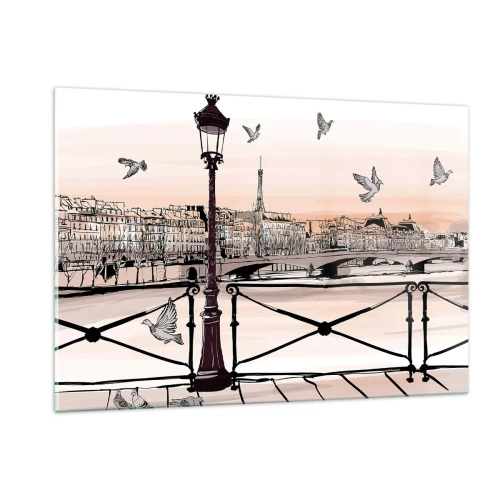 Impression sur verre - Image sur verre - Illustration d'une rue parisienne avec vue sur la Tour Eiffel à l'aube - 120x80cm - Sur les toits de Paris - Décoration murale moderne pour le salon et la chambre ARTTOR