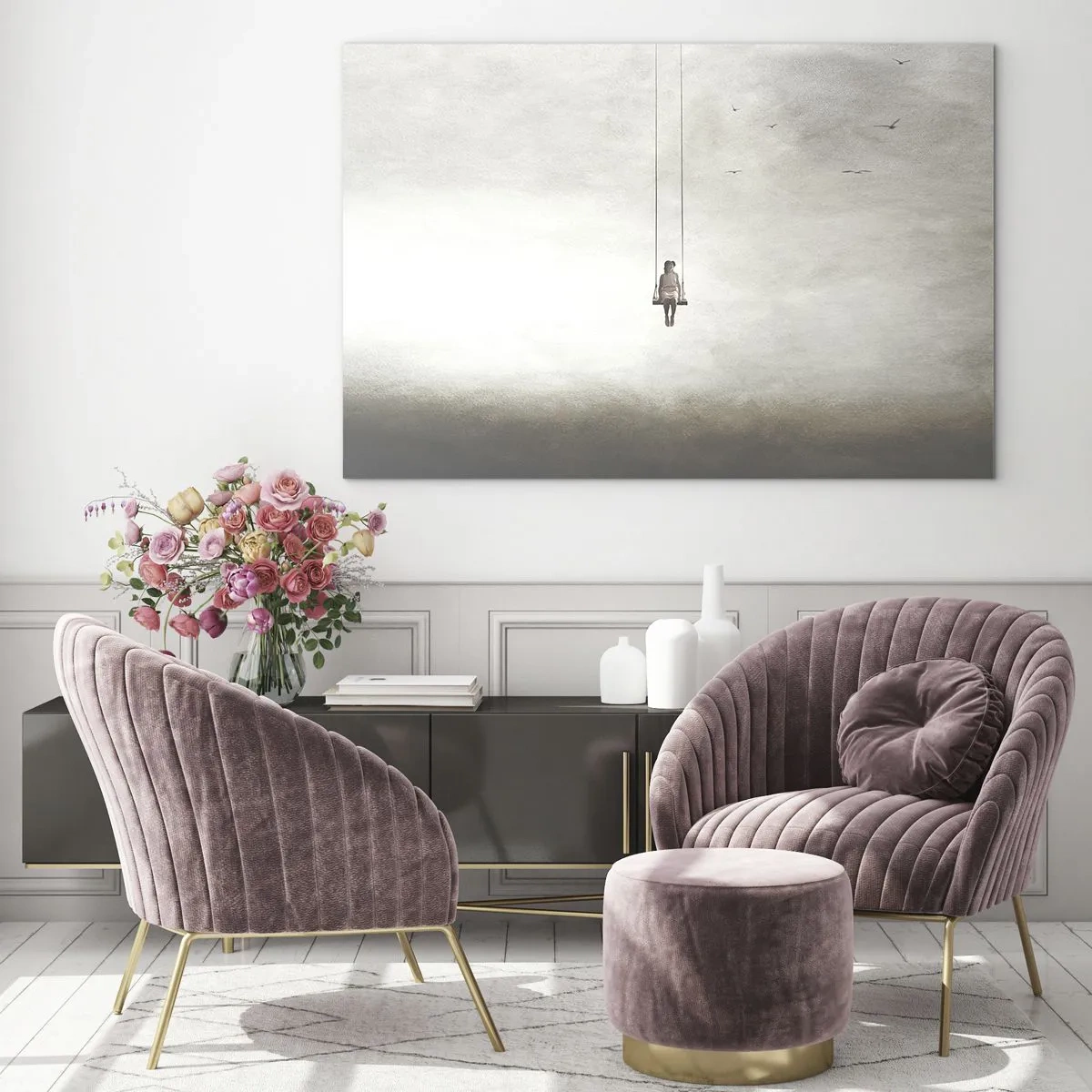 Impression sur verre - Image sur verre - Une silhouette sur une balançoire suspendue dans le ciel - 70x50cm - Enfant en nous - Décoration murale moderne pour le salon et la chambre ARTTOR