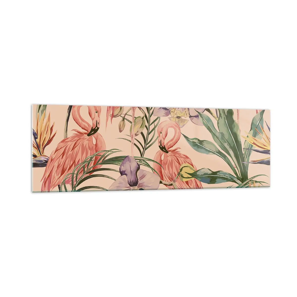 Impression sur verre - Image sur verre - Flamants roses et fleurs tropicales sur fond clair - 160x50cm - Ballet rose dans les fleurs - Décoration murale moderne pour le salon et la chambre ARTTOR