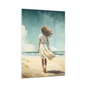 Impression sur verre - Image sur verre - Une femme en robe blanche marchant pieds nus sur une plage ensoleillée - 50x70cm - Pour rencontrer le soleil et le vent - Décoration murale moderne pour le salon et la chambre ARTTOR