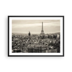 Affiche dans un cadre noir - Poster - Panorama de Paris avec la Tour Eiffel en tons sépia - 70x50cm - Sur les toits de Paris - Décoration murale moderne pour le salon et la chambre ARTTOR