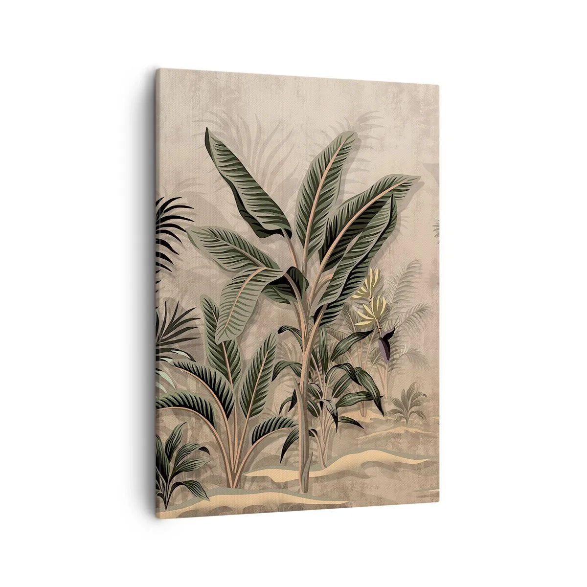 Impression sur toile - Image sur toile - Palmiers et végétation tropicale dans des tons verts sur fond beige - 50x70cm - Une gravure de style colonial - Décoration murale moderne pour le salon et la chambre ARTTOR