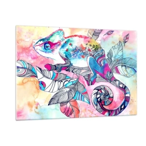 Impression sur verre - Image sur verre - Caméléon coloré parmi les feuilles dans un style aquarelle - 120x80cm - Aussi coloré que notre monde - Décoration murale moderne pour le salon et la chambre ARTTOR