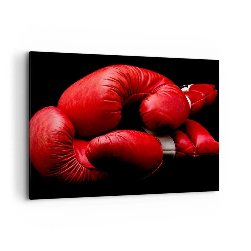 Impression sur toile - Image sur toile - Gants de boxe rouges sur fond noir - 100x70cm - Les émotions du combat sont derrière nous - Décoration murale moderne pour le salon et la chambre ARTTOR