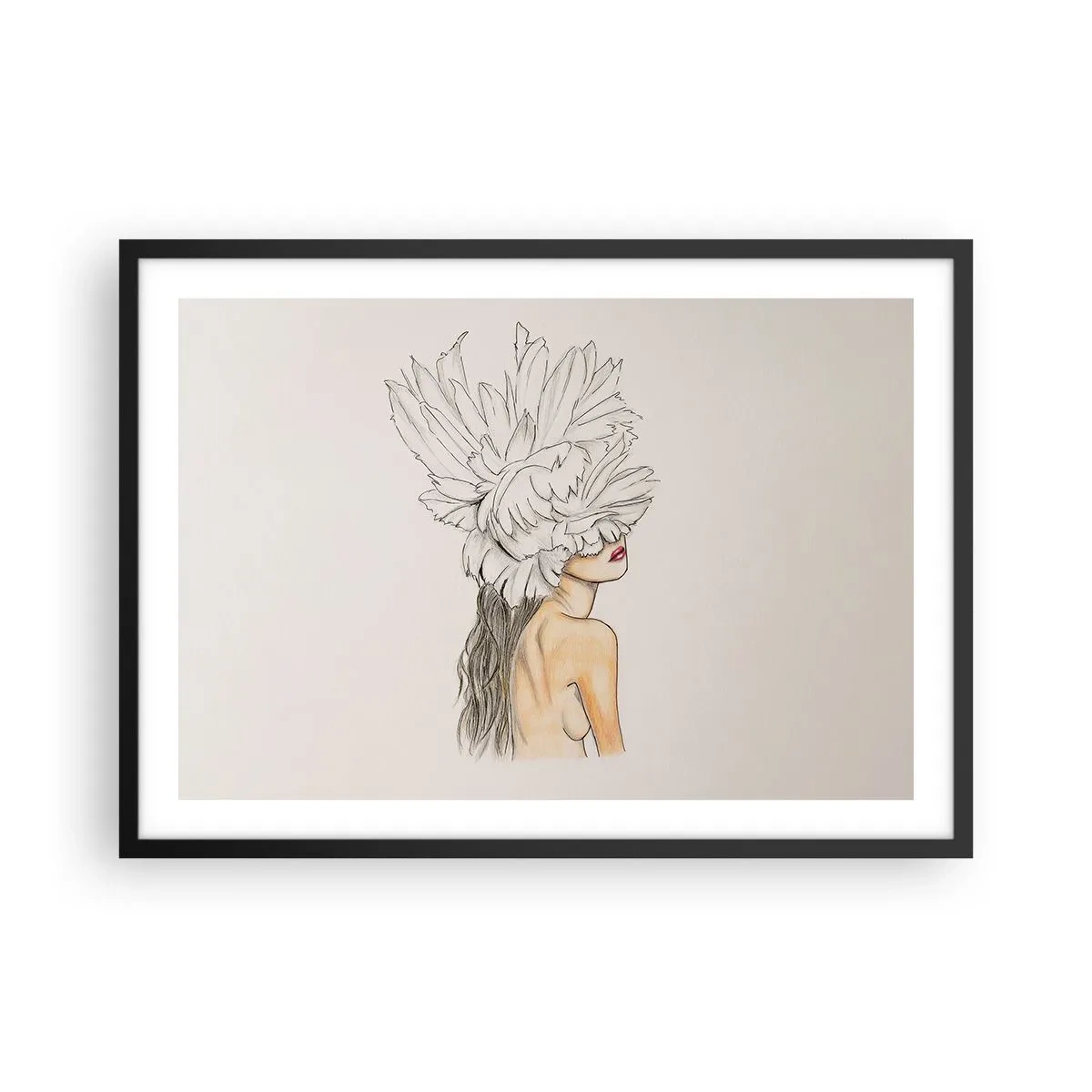 Affiche dans un cadre noir - Poster - Portrait d'une femme avec décoration de plumes dans un style artistique - 70x50cm - Beauté couronnée - Décoration murale moderne pour le salon et la chambre ARTTOR